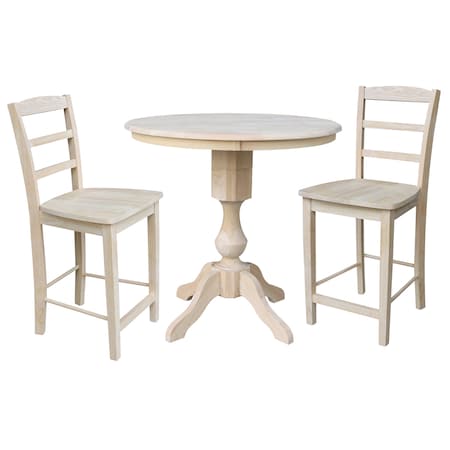 International Concepts Round 36 in Rd Ped Gathering Ht Table, 2 Madrid Counter Ht Stools, Unfinished, 36 in W, 36 in L, Wood K-36RT-11P-S402-2